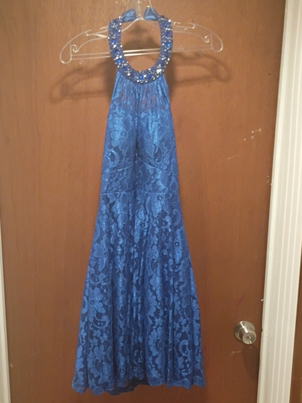 Blue Lace Halter Mini Dress with Embellished Neckline